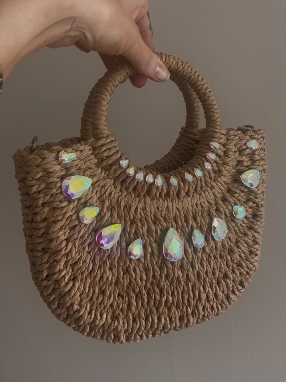 Handmade Woven Straw Tote with Iridescent Gem Accents - Brown